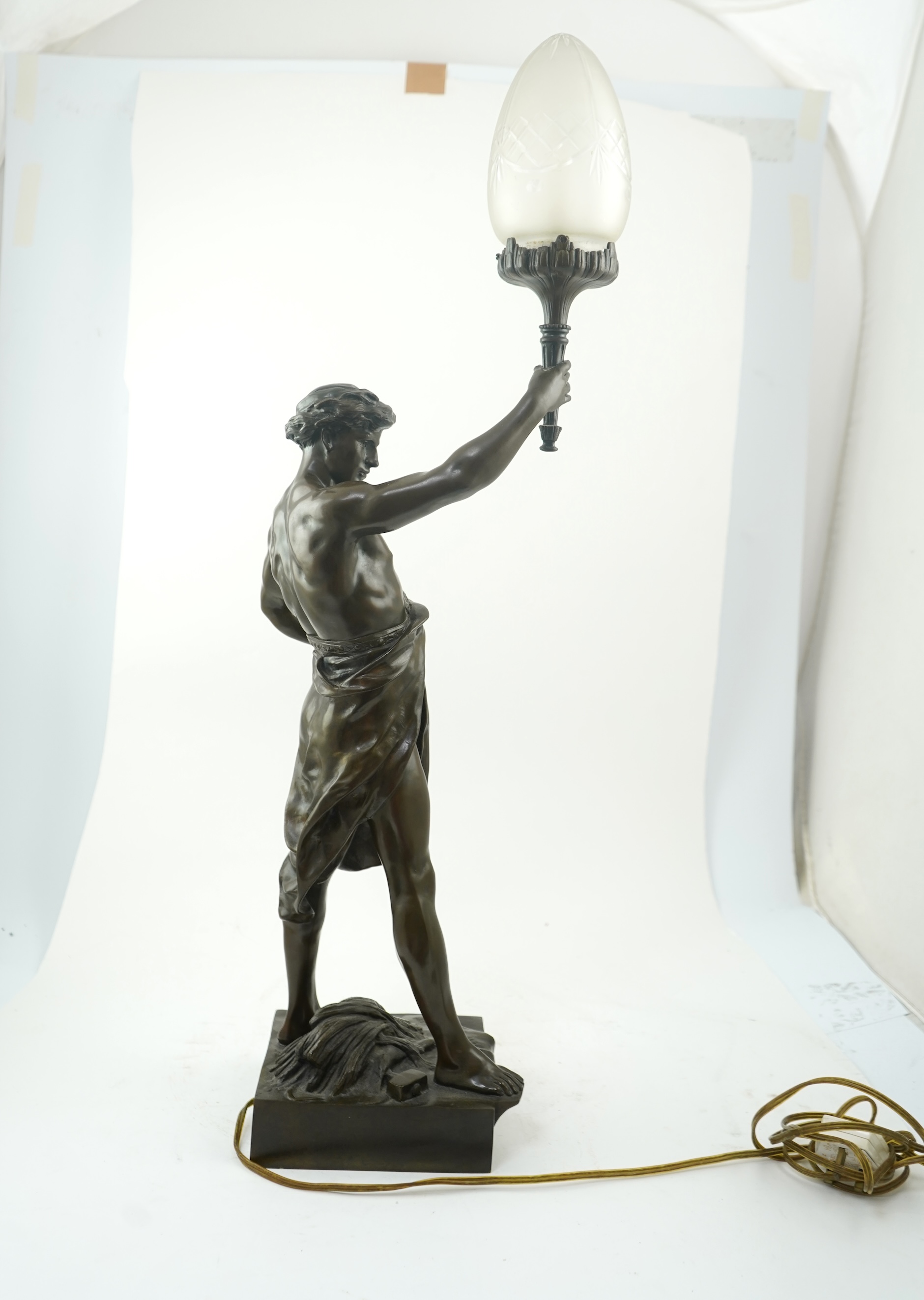 After Émile Louis Picault, a large bronze figural lamp